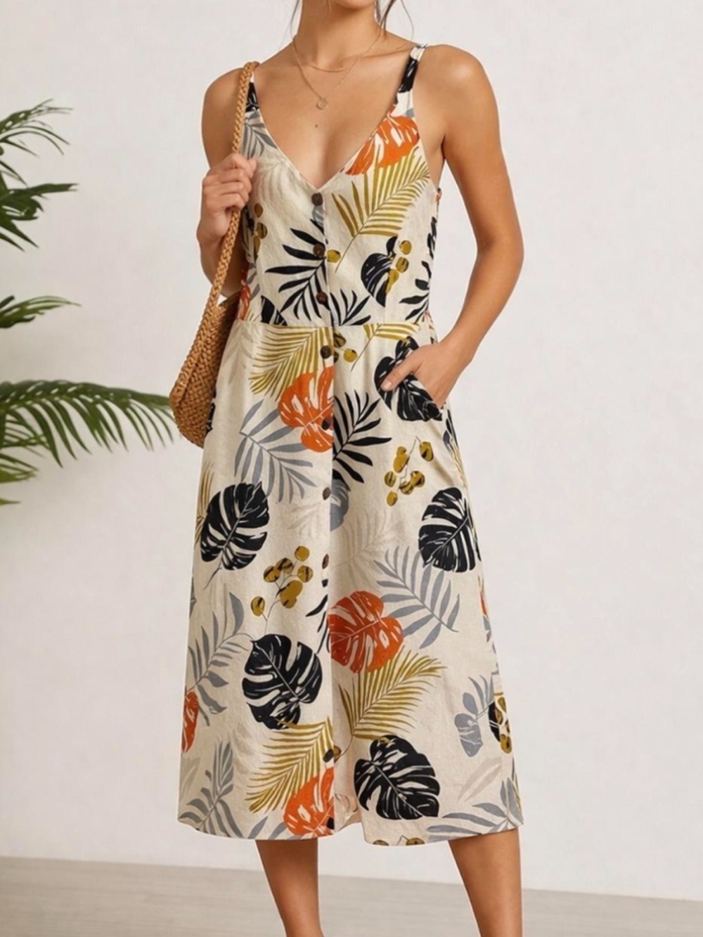 Monteau Tropical Leaf V-Neck Midi Dress - Cream/Black/Orange/Gold
